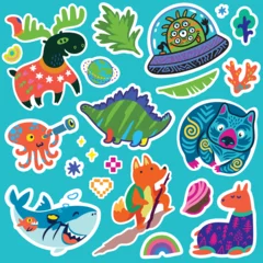Stoff pro Meter Unter dem Meer Lovely collection of green, blue and orange stickers. Fantasy cartoon animals and creatures vector illustration