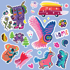 Obraz premium Lovely collection of purple stickers. Fantasy cartoon animals and creatures vector illustration