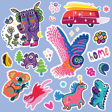Lovely collection of purple stickers. Fantasy cartoon animals and creatures vector illustration