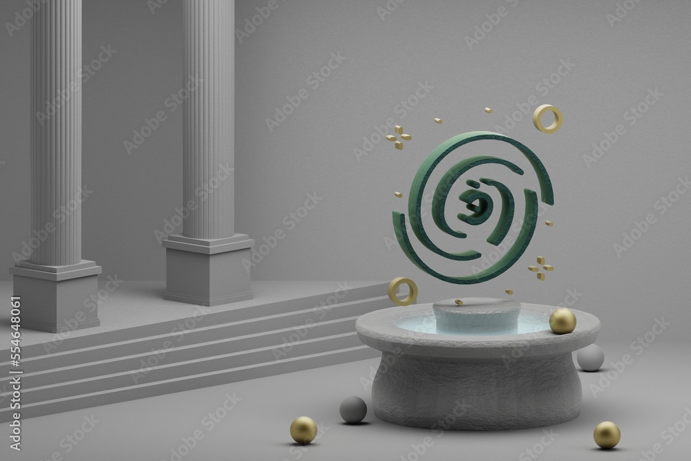 Poster Beautiful abstract illustrations Galaxy and start symbol icon on a fountain and column background. 3d rendering illustration. Background pattern for design. Space exploration.