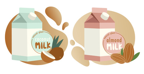 Vegetable, pLant milk, color stickers set for packaging design. Almond, coconut veggie drink. Hand drawn lettering. Dairy free product. Vector illustration, print, emblem. 