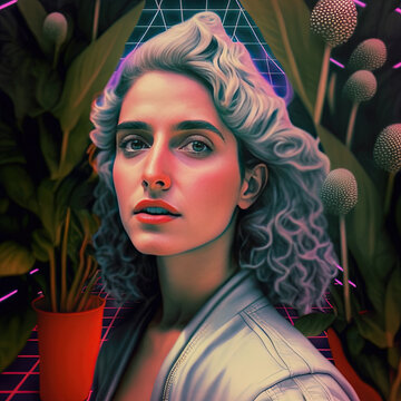 Generative AI, Generative, AI, Woman looking at camera. Vegetation in background. Hipster. Vapor Wave