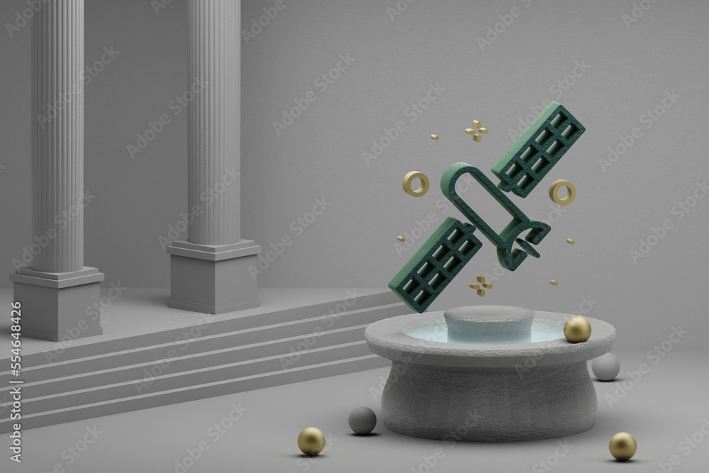 Poster Beautiful abstract illustrations Satellite and start symbol icon on a fountain and column background. 3d rendering illustration. Background pattern for design. Space exploration.