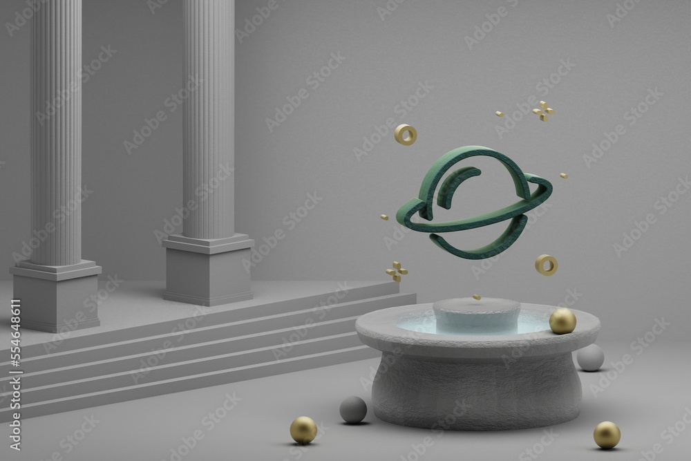 Poster Beautiful abstract illustrations Saturn and start symbol icon on a fountain and column background. 3d rendering illustration. Background pattern for design. Space exploration.