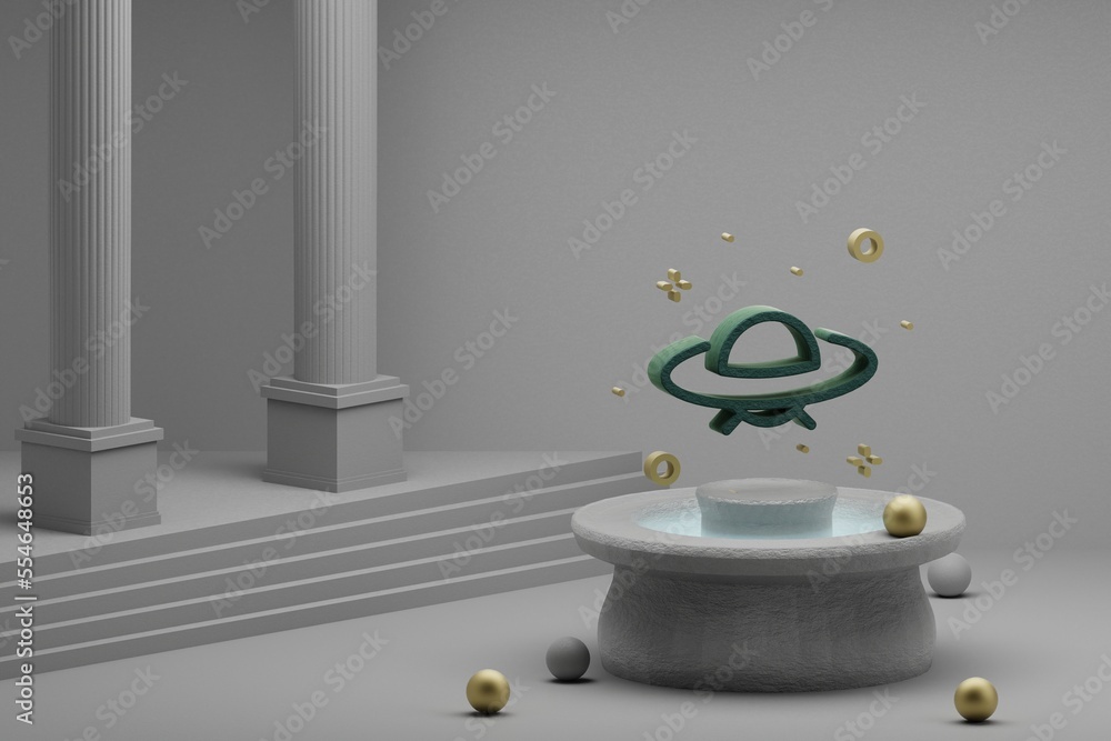 Poster Beautiful abstract illustrations Ufo and start symbol icon on a fountain and column background. 3d rendering illustration. Background pattern for design. Space exploration.