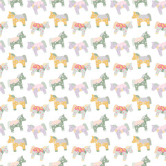 Seamless toy horse pattern, Rocking horse print, Baby shower background,  Wood horse in pastel colors,  Nursery wallpaper, Decorative animal figures, Various toy horses repeat ornament