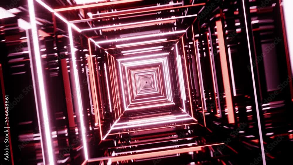 Poster 4k loop animation. endless abstract futuristic tunnel with multicolored neon lights background