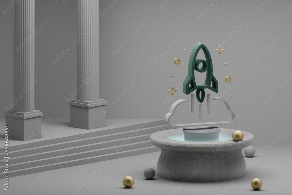 Poster Beautiful abstract illustrations Rocket Launch and start symbol icon on a fountain and column background. 3d rendering illustration. Background pattern for design. Space exploration.