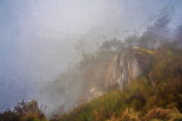 Digital oil painting of woodland winter mist and fog at The Roaches, Staffordshire.