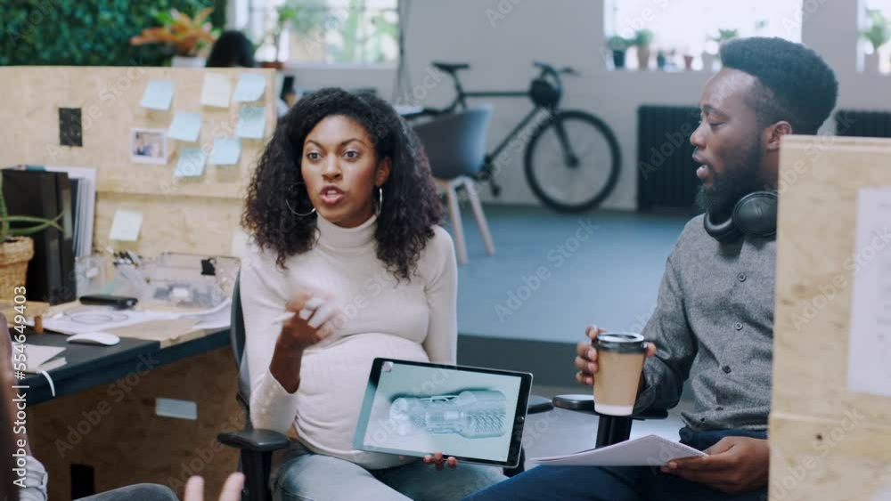 Poster black woman, tablet and startup with team, design and planning for product, engineering vision or 3d