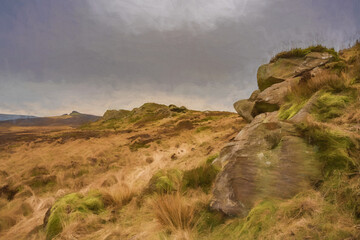 Digital oil painting of bleak winter panoramic view of Baldstone, and Gib Torr in the Peak District National Park.