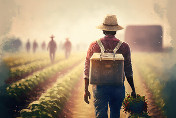 Male field worker at strawberry farm wearing straw hat and carrying box for picking, strolling in morning haze with other employees. Generative AI - obrazy, fototapety, plakaty
