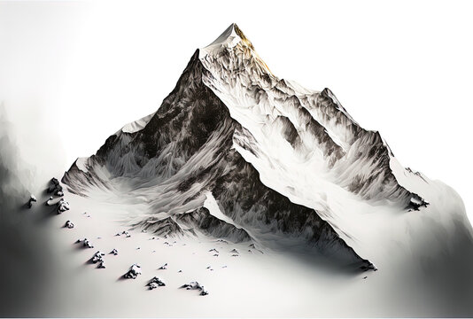 Snow covered mountain isolated against a white backdrop. Generative AI