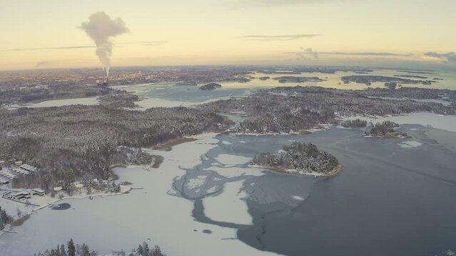 Soukka, Finland - 09.12.22: panoramic shooting of the winter archipelago from a drone in Soukka, Espoo. Finnish winter. Scandinavia.