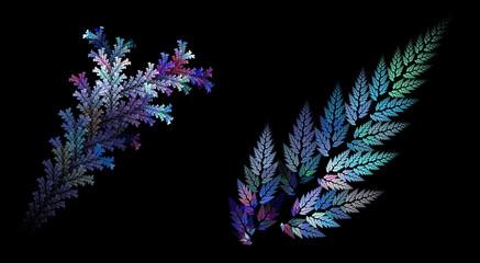 Obraz premium Twigs with blue illuminated leaves on a black background. Set of graphic design elements. 3D rendering. 3D illustration.