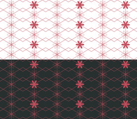 Floral seamless pattern. Chevron geometric surface minimal design. Magenta red monochrome silhouette, outline flower shapes. Transparent background