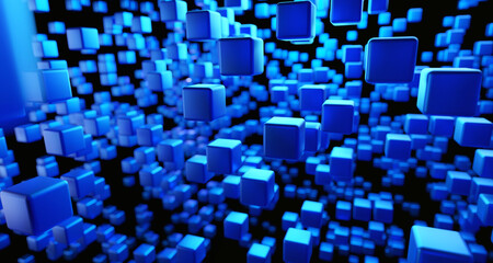 Data flow concept. Data intelligence, block chain, big data and core data concept image.  Blue metallic blocks in a cluster on neutral white background. Shallow depth of field. 3D rendering.