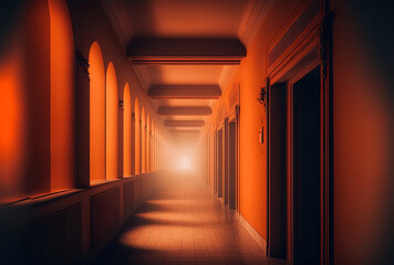 hazy hallway with orange tones. Generative AI