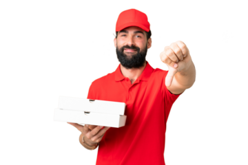 Pizza delivery man with work uniform picking up pizza boxes over isolated chroma key background showing thumb down with negative expression