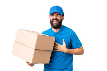 Delivery caucasian man over isolated chroma key background smiling a lot
