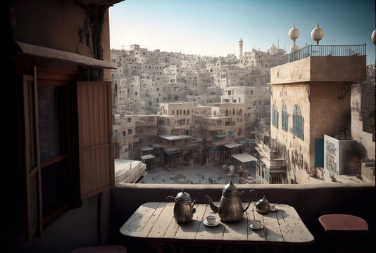 In Hebron, West Bank, Palestine, a rooftop overlooking the historic city of Hebron may be found. Generative AI
