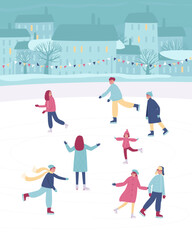 People ride on the city ice rink. Postcard with a winter city and people on the ice rink. Winter sport and entertainment. Flat vector illustration.
