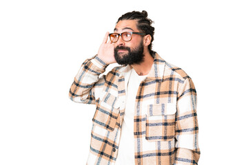 Young man with beard over isolated chroma key background listening to something by putting hand on the ear