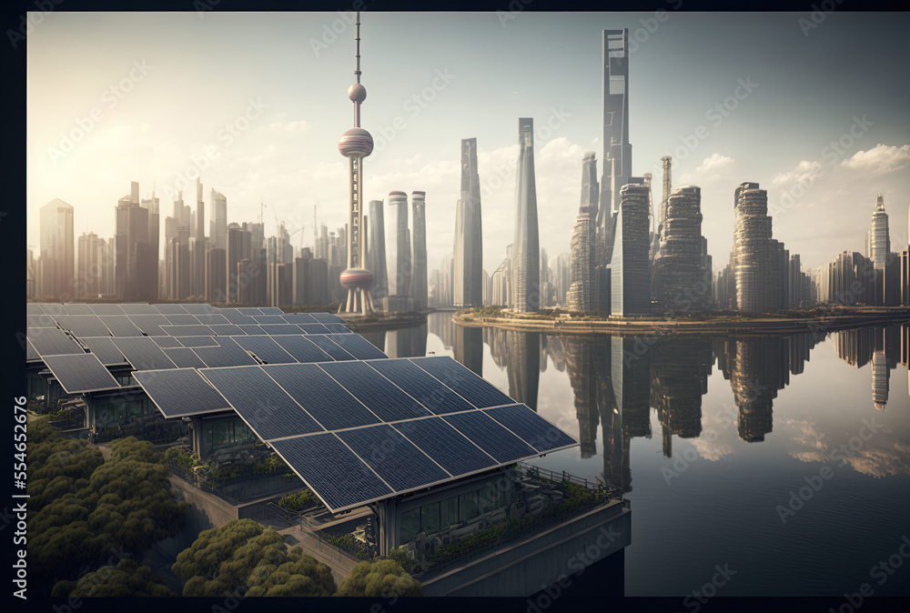 Wall mural a prominent feature of shanghai's skyline, an ecological energy plant, and a solar panel factory. ge