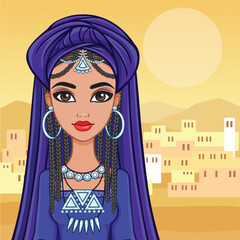 Animation portrait of the Arab princess in a turban. A background - the desert, east city. Vector illustration.