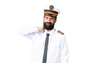 Airplane caucasian pilot man over isolated chroma key background with neckache