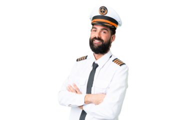 Airplane caucasian pilot man over isolated chroma key background with arms crossed and looking forward