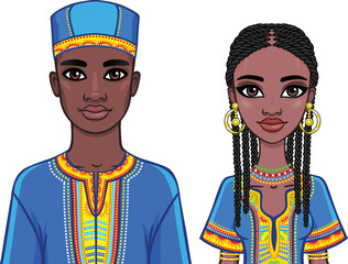 Animation portrait of the African family in bright ethnic clothes. Vector illustration isolated on a white background.