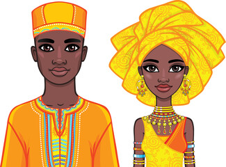 Animation portrait of the African family in bright ethnic clothes. Vector illustration isolated on a white background.