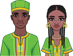 Animation portrait of the African family in bright ethnic clothes. Vector illustration isolated on a white background.