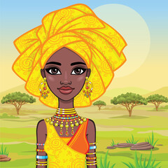 Animation portrait of the attractive African girl in a turban. Bright ethnic clothes. Background - a landscape of the African savanna. Vector illustration.