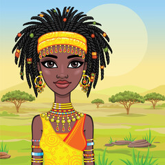 Animation portrait of the attractive African girl. Bright ethnic clothes. Background - a landscape of the African savanna. Vector illustration.