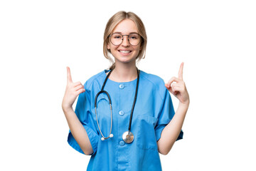 Young nurse English woman over isolated background pointing up a great idea