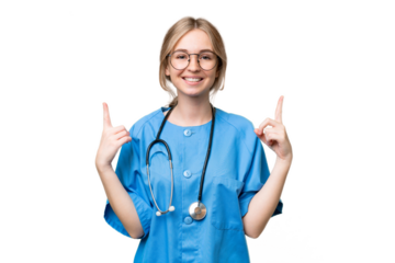 Young nurse English woman over isolated background pointing up a great idea