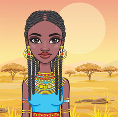 Portrait of a beautiful African girl in ancient clothes. A background - the African savanna. Vector illustration.