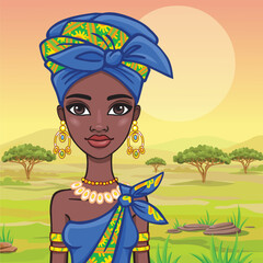 Portrait of a beautiful African girl in ancient clothes. A background - the African savanna. Vector illustration.