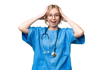 Young nurse English woman over isolated background with surprise expression