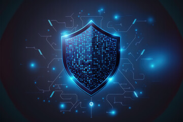 Antivirus, cyber protection against viral threats. Digital shield on a blue background with internet connections and data transfers.