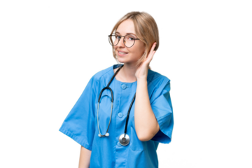 Young nurse English woman over isolated background listening to something by putting hand on the ear