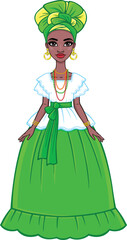 Animation portrait of the attractive Brazilian girl. Bright ethnic clothes. Full growth. The vector illustration isolated on a white background.