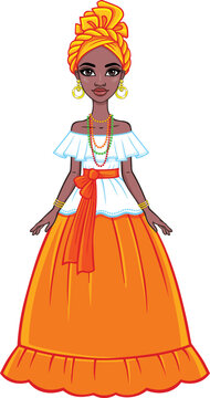 Animation portrait of the attractive Brazilian girl. Bright ethnic clothes. Full growth. The vector illustration isolated on a white background.