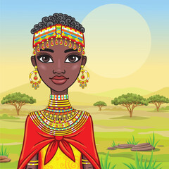 Animation portrait of a young African woman in ancient ethnic jewelry. Amazon, warrior, princess. Background - landscape desert, mountains, trees. Vector illustration.	

