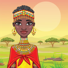 Portrait of a beautiful African girl in ancient clothes. A background - the African savanna. Vector illustration.