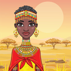 Portrait of a beautiful African girl in ancient clothes. A background - the African savanna. Vector illustration.