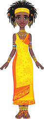 Animation portrait of the attractive African girl. Bright ethnic clothes. Full growth. The vector illustration isolated on a white background.
