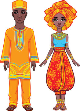 Animation portrait of the African family in bright ethnic clothes. Full growth. The vector illustration isolated on a white background.